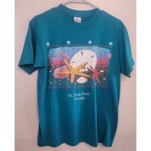 Vintage Single Stitch St Pete Beach Shirt Teal USA Made Size Medium Sunshine App